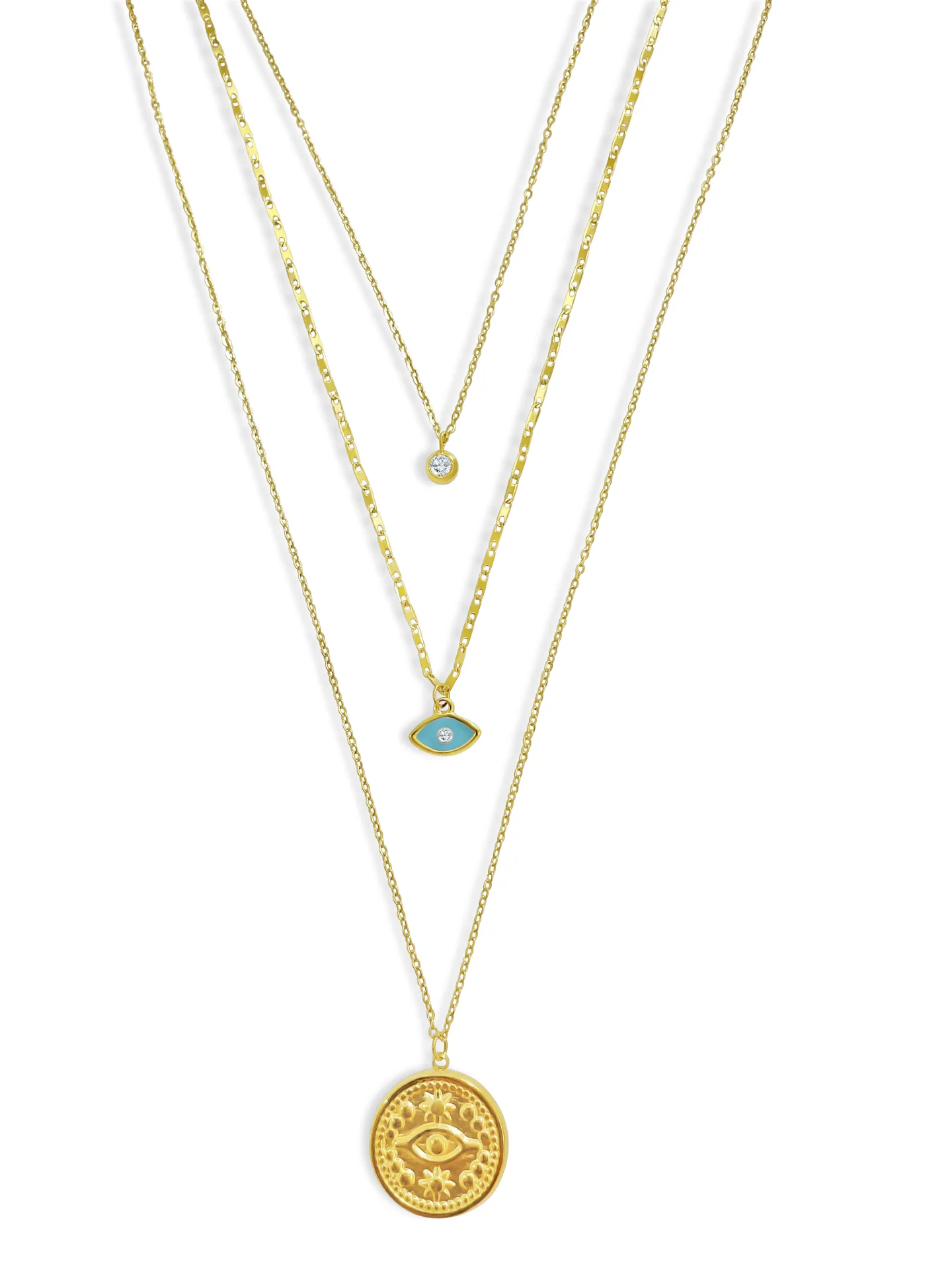 Κολιέ γυναικείο, από ανοξείδωτο ατσάλι, τριπλό, 43 εκατοστά+5εκατοστά αλυσίδα επέκτασης η κοντή αλυσίδα, με ζιργκόν, κίτρινο επιχρύσωμα & ματάκι βασκανίας, silverline, 0330342502,